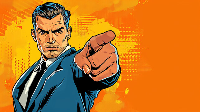 cool looking angry businessman pointing finger toward camera in colorful comic illustration style. Copyspace for text.
