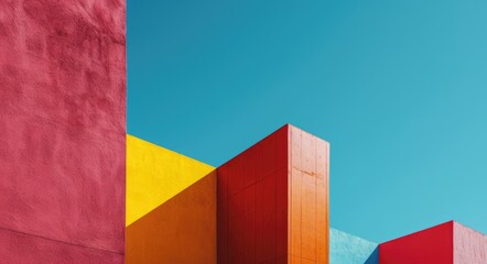 Minimalist Village: Colorful Building Against Blue Sky Background