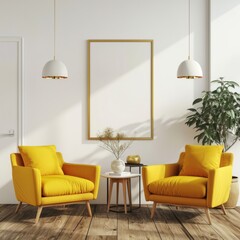 Modern Living Room Interior with Yellow Armchairs and Blank Poster