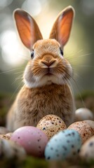 Fototapeta na wymiar Adorable bunny surrounded by colorful easter eggs in spring setting. cute rabbit in festive scene. AI