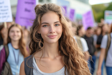 Young woman at a feminist march on Women's Day, street protest with purple banners for the fight for rights and equality