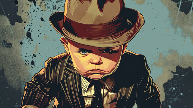 cool looking adorable angry baby wearing suit, tie and hat. Mafia or gangster boss costume style. Colorful comic illustration style.