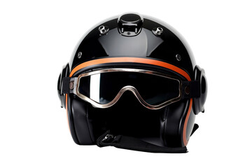 A motorcycle helmet with goggles isolated on a transparent background.