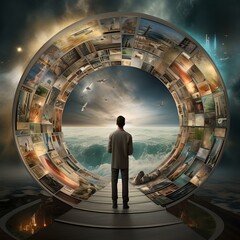 A lone figure stands before a surreal circular portal, showcasing a collage of scenes within....