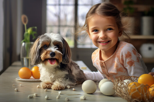 girl and dog in the kitchen, Easter egg decorating, family tradition