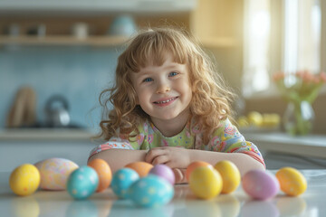Fototapeta na wymiar Easter egg hunt, girl in the kitchen, colorful decorations, family holiday joy