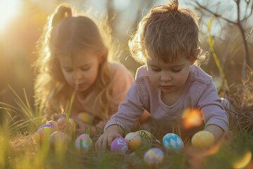 Kid's egg hunt in the meadow, girls and boys enjoying a springtime tradition