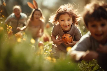 Fotobehang Easter egg hunt for children, playful girls and boys on the grass, hunting for eggs © Pavel