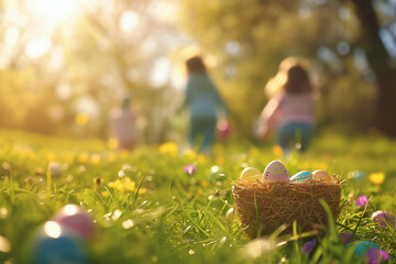 Easter egg hunt for kids, outdoor adventure, children seeking hidden treasures in the grass