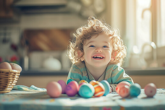 Easter egg hunt preparation, girl in the kitchen, festive family traditions