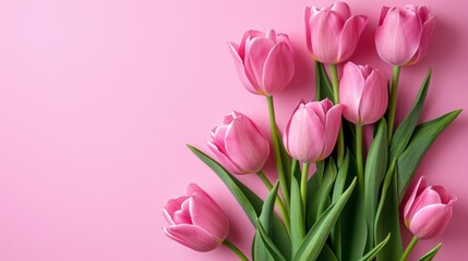 Beautiful Pink Tulips on Pastel Pink Background AI Generated