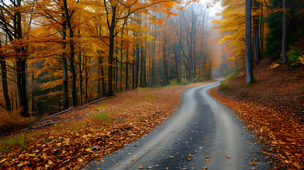 Navigate forest road through autumn  
