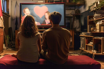 A man and a woman sitting on a couch watching tv. Couple watching love movie. Back side view.