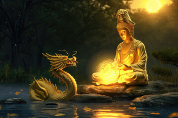 golden buddha with glowing cartoon dragon, nature green background
