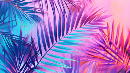 Obraz premium Tropical palm leaves in vibrant neon gradient, holographic colors. minimal art concept 