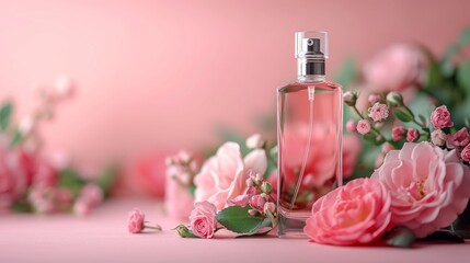 Obraz na płótnie Canvas Minimalistic Emotional Perfume Bottle and Rosebud Flower Arrangement on Pink Background AI Generated