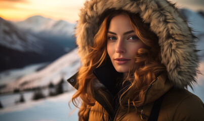 Obraz na płótnie Canvas Elegant Woman in Winter Jacket with Fur Hood Posing at Dusk in a Snowy Mountain Landscape