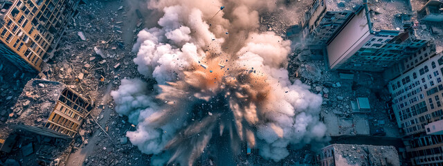 An intense aerial shot captures the moment of a powerful explosion amidst urban buildings, with billowing smoke, scattered debris, evoking a scene of destruction and emergency within a city landscape