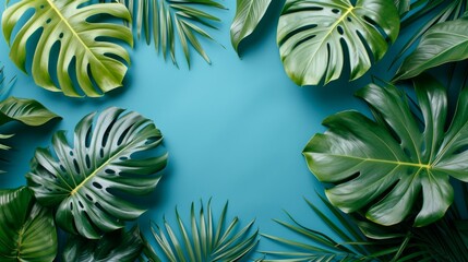 Fototapeta na wymiar Collection of Tropical Leaves on Blue Background AI Generated