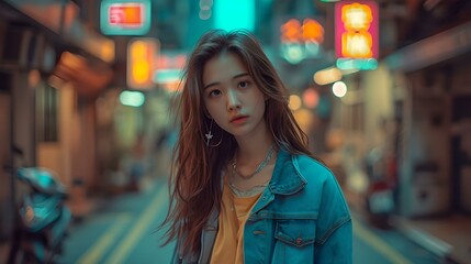 Obraz premium Young woman posing at dusk in urban alley with neon signs - a moment of reflection