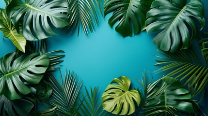 Fototapeta na wymiar Collection of Tropical Leaves on Blue Background AI Generated