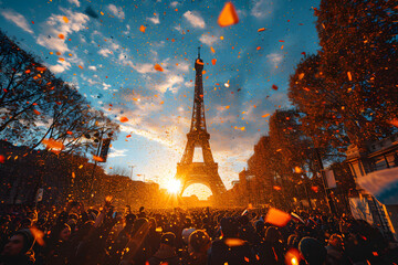 Celebratory Confetti at Paris 2024 Olympics with Eiffel Tower.