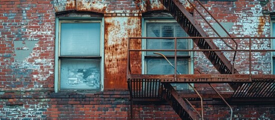 An aged brick building with a rusted fire escape and vintage window.