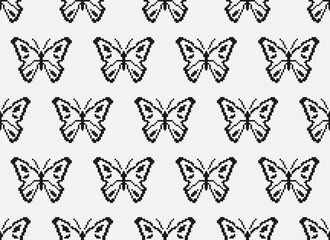 Pixel pattern seamless with black butterfly. 8-bit seamless with moth. Retro Video Game Aesthetic
