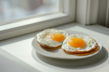 Fried eggs in a white plate flooded with morning sunlight by the window