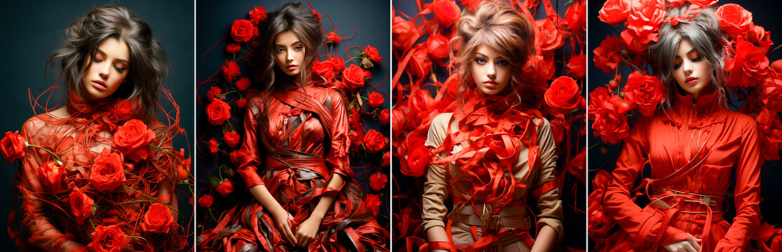 A woman in a red dress with unique fabric details and a florpunk aesthetic. An artistic interpretation of fashion combining floral elements with punk elements. Stylish and bold visual concept