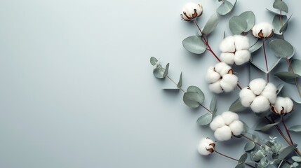 Flat Lay Flowers Composition: Cotton Flowers and Fresh Eucalyptus Twigs on Light Gray Background AI Generated