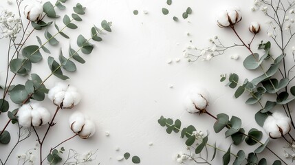 Flat Lay Flowers Composition: Cotton Flowers and Fresh Eucalyptus Twigs on Light Gray Background AI Generated