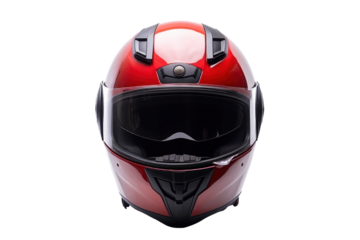 A red motorcycle carbon integral crash helmet isolated on a transparent background.