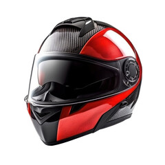 A red motorcycle carbon integral crash helmet isolated on a transparent background.