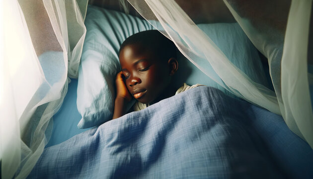 African boy sleeping under a mosquito net.In 2022, the Africa was home to 94% of malaria cases (233 million) and 95% (580 000) of malaria deaths.