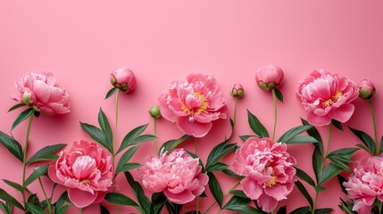 Naklejka na ściany i meble Minimalistic Peony Flowers on Pink Background with Copyspace AI Generated