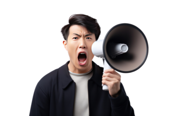 A wow face of Asian young man wears shirt hold scream in megaphone announces discounts sale hurry up isolated on a transparent background.