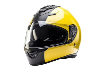 A yellow motorcycle carbon integral crash helmet isolated on a transparent background.