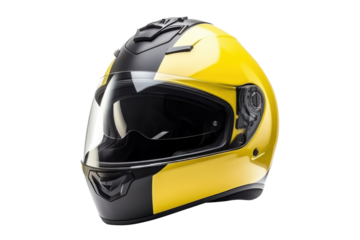 A yellow motorcycle carbon integral crash helmet isolated on a transparent background.