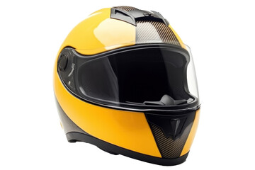 A yellow motorcycle carbon integral crash helmet isolated on a transparent background.