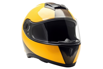 A yellow motorcycle carbon integral crash helmet isolated on a transparent background.