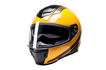 A yellow motorcycle carbon integral crash helmet isolated on a transparent background.