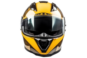 A yellow motorcycle carbon integral crash helmet isolated on a transparent background.