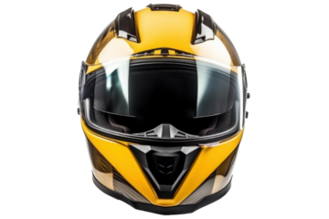 A yellow motorcycle carbon integral crash helmet isolated on a transparent background.