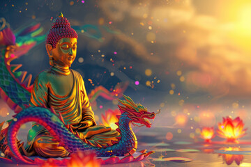 glowing golden buddha with glowing colorful cartoon dragon, nature background - obrazy, fototapety, plakaty