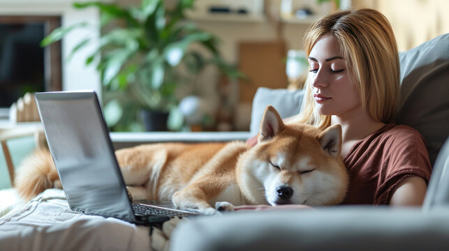 working from home concept. Woman using laptop, Shiba Inu dog sleep near her