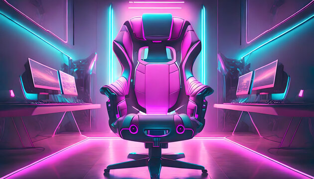 gamer, stuhl, sessel, lehnstuhl, neon, neu, modern, pink, play, player, cyberworl, futuritisch, sci-fi, niemnad, copy space, close up, copy space, meisterschaft, glow, blur, high-tech, comfort, licht,