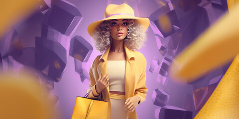illustration of gorgeous woman in light yellow outfit and hat on shopping