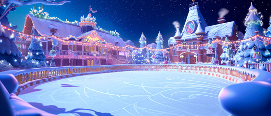 Ice rink background with decoration, lights, lanterns. Ice skating at the winter park. Winter holidays mockup. Outdoor leisure, entertainment. Generative ai.