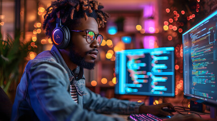 In front of a computer with code on the screen, a man wearing headphones 
